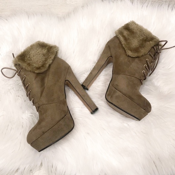 LILIANA Faux Fur Lace Up Ankle Booties with Heels - Picture 2 of 7